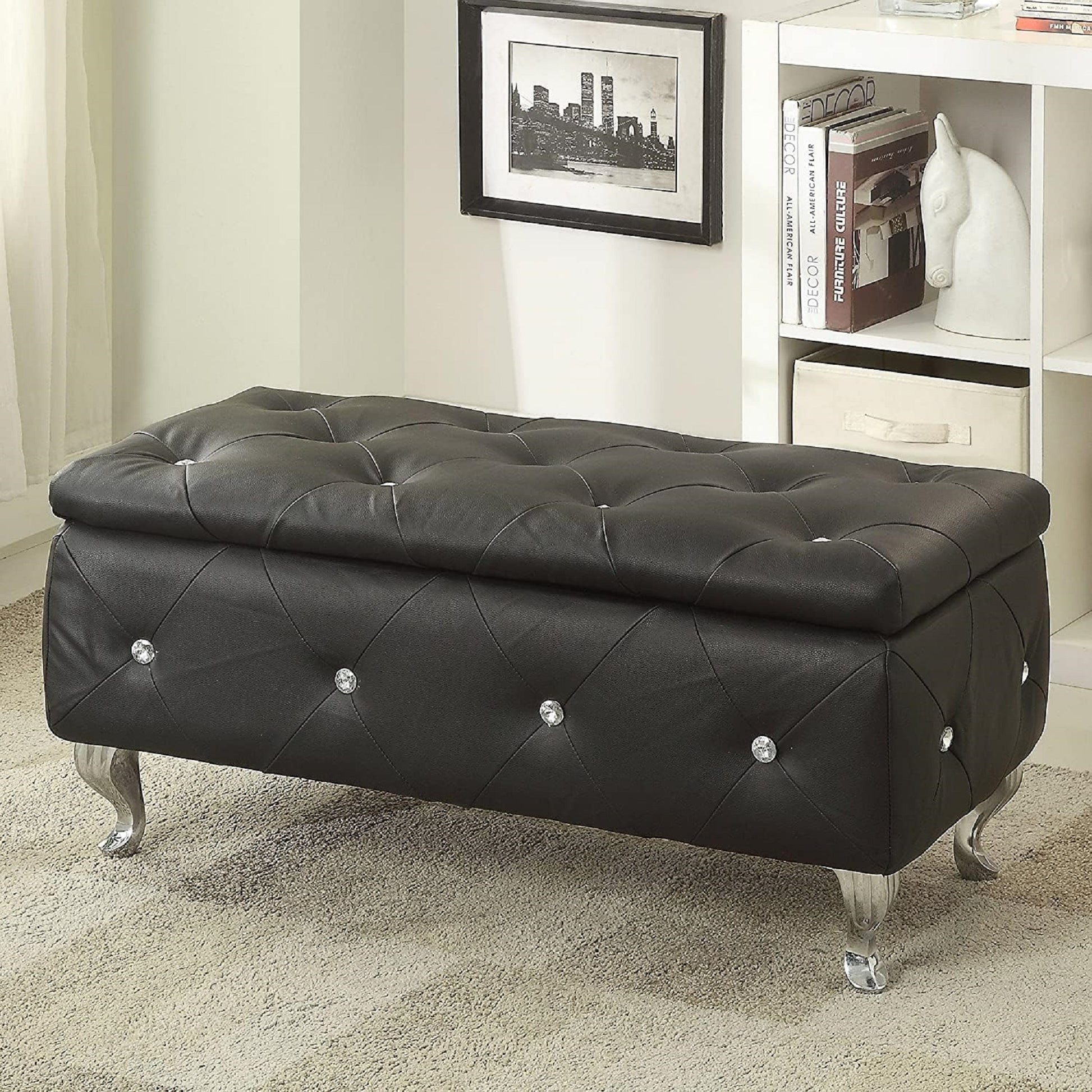 1Pc Glam 38 Inches Storage Ottoman Bench For Upholstered Tufted Black Faux Leather Organizer Bedroom Living Room Entryway Hallway Tufted Black Faux Leather Primary Living Space Solid Black Glam,Modern Foam Faux Leather