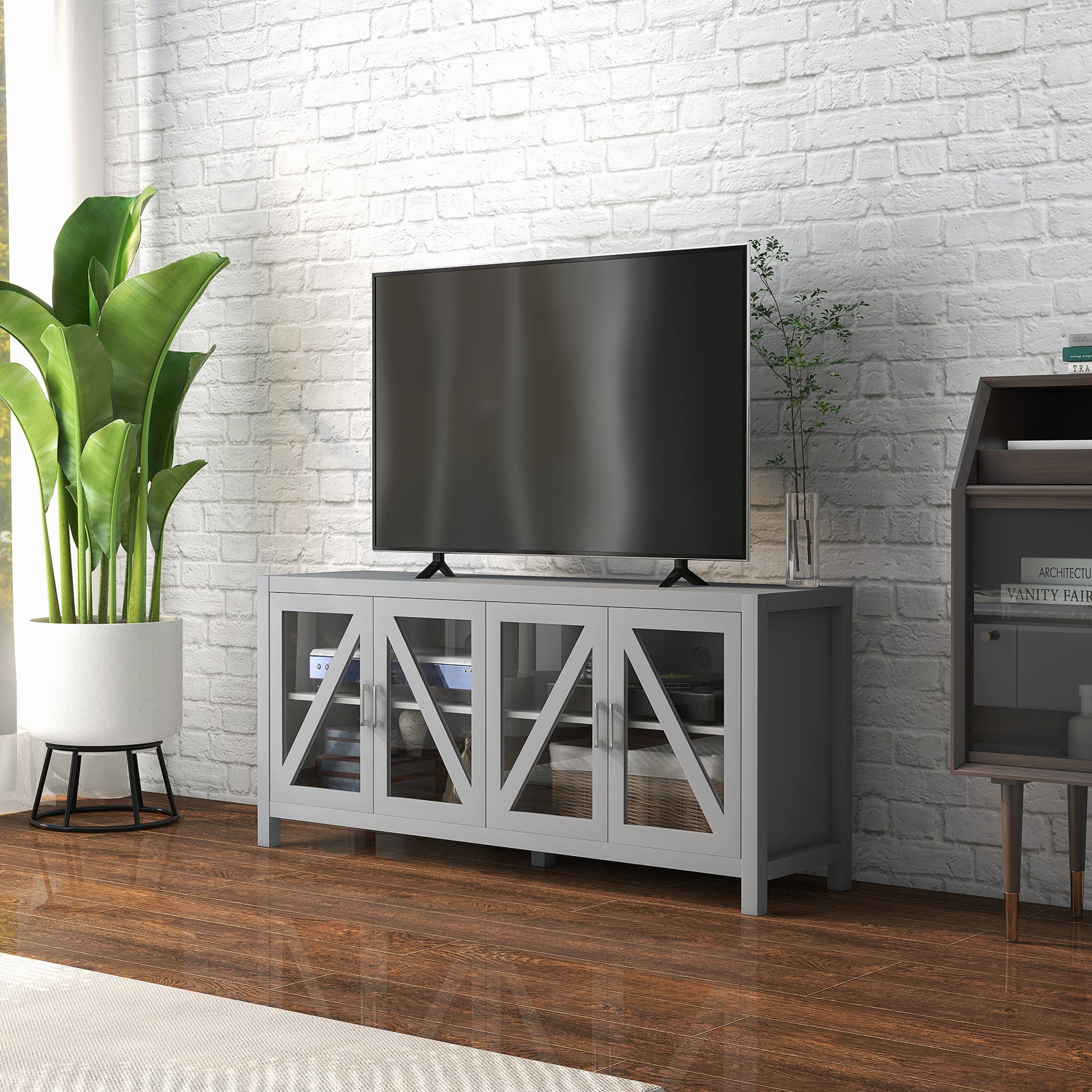 Homcom Tv Cabinet Stand For Tvs Up To 58", Entertainment Center With Adjustable Shelves, 4 Glass Doors And 4 Cable Holes For Living Room, Gray Gray 50 59 Inches Mdf