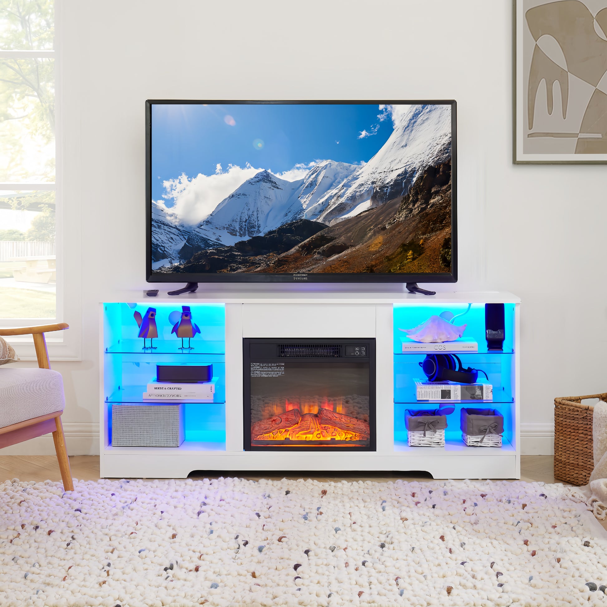 Tv Stand Electric Fireplace Glass Shelves, 3D Fireplace Tv Stand With Led Lights Wood With Usb Charging Outlet Modern Television Table Center For Tv Up To 62" White, 58''W*15.5''D*24.4 White 50 59