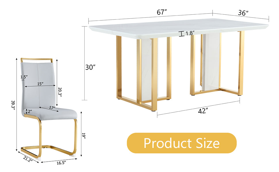 Table And Chair Set.67"X36" White Marble Pattern Mdf Dining Table Set With 6 Light Gray Pu Chairs.Mdf Sticker,White Marble Pattern Sticker,Gold C Tube Chair Legs,Suitable For Kitchen,Dining