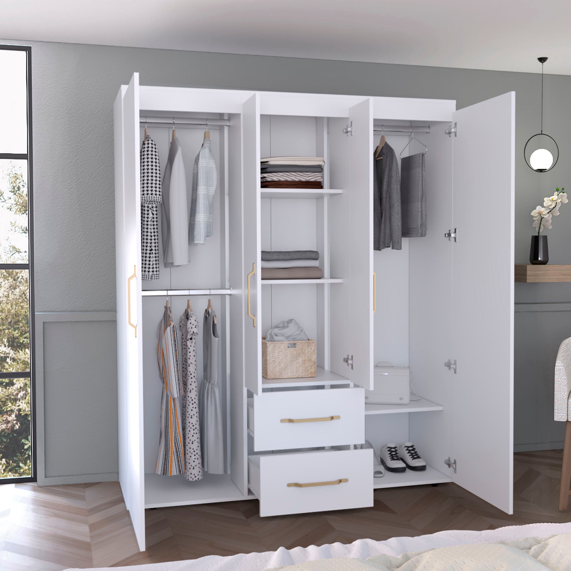 Bariloche Wardrobe, Multi Section Storage With Hanging Rods, Shelves, And 2 Drawers White Bedroom Modern Particle Board