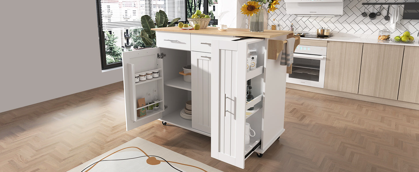 K&K Kitchen Island With Drop Leaf, Kitchen Storage Cart With 3 Tier Pull Out Cabinet Organizer, Internal Storage Rack, Rolling Kitchen Cart On Wheels With Towel Rack, 2 Drawers, For Kitchen, White White Brown Kitchen Classic,Farmhouse,Luxury,Modern