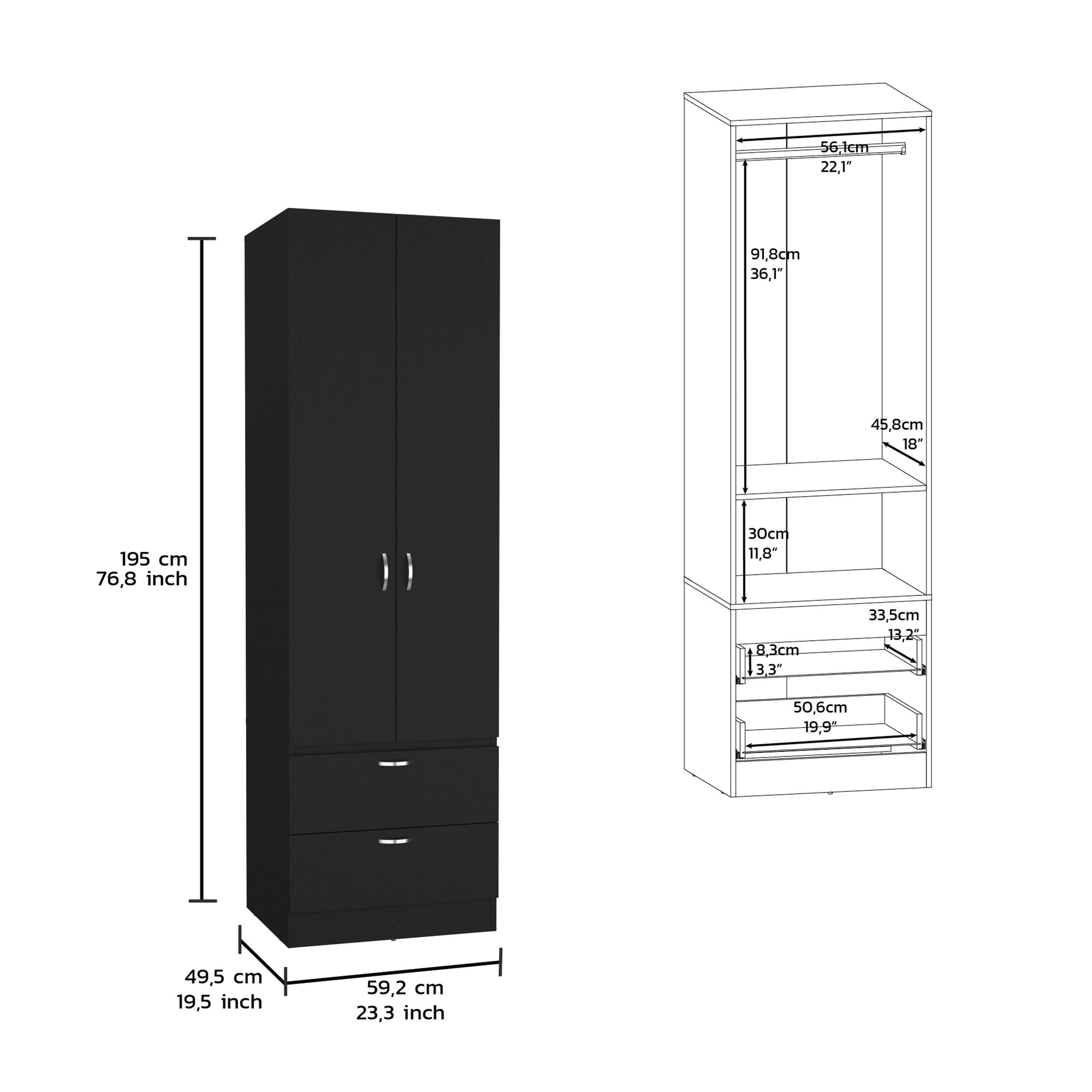 Armoire Wardrove 76" H, Hanging Rod, 2 Drawers, 1 Shelf, Black Black Solid Wood Mdf Engineered Wood