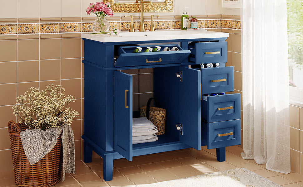 36 Inch Bathroom Vanity With Resin Sink, Modern Bathroom Cabinet In Blue, Featuring Two Soft Close Doors And Four Drawers Blue Bathroom Solid Wood Mdf Resin