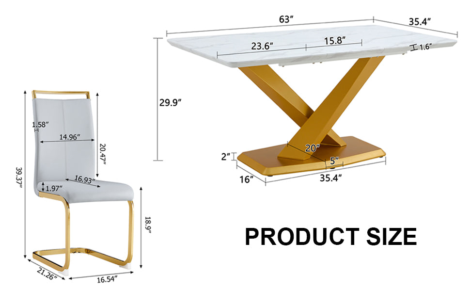 Table And Chair Set, The Table Is Equipped With A Marble Patterned Mdf Tabletop And Gold Table Legs.The Chair Is Equipped With Pu Synthetic Leather High Back Cushion And Gold Coated Metal Legs. Grey Gold Seats 4 Mdf Metal