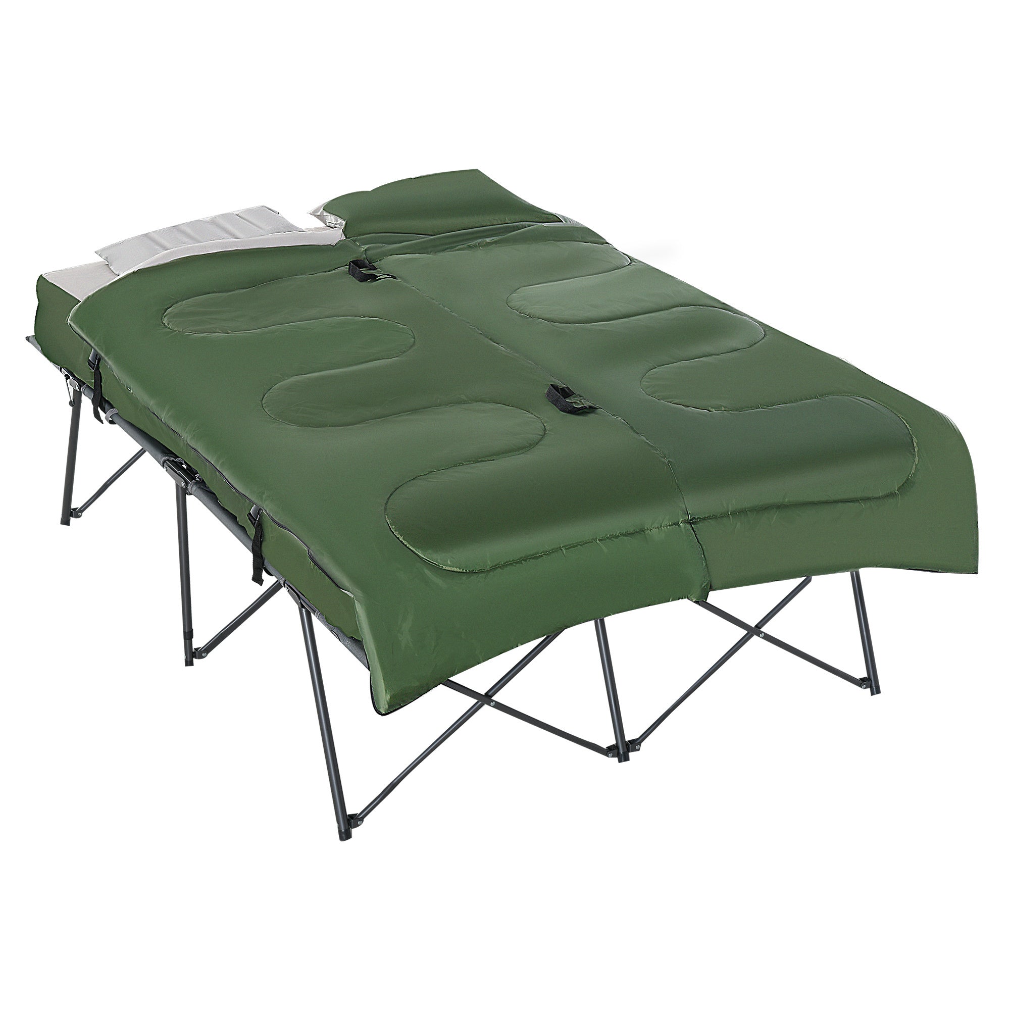 Outsunny 2 Person Folding Camping Cot Portable Outdoor Bed Set With Sleeping Bag, Inflatable Air Mattress, Comfort Pillows And Carry Bag, Soft And Comfortable For Outdoor Travel Camp Beach Vacation Green Polyester