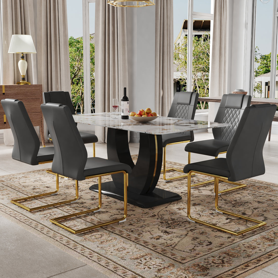 Table And Chair Set, Modern Dining Table, Patterned Table Top And Black Mdf Leg Table, Soft And Comfortable Dining Chair, Perfect For Dinner, Meetings, Home And Office Decor Grey Black Mdf Glass