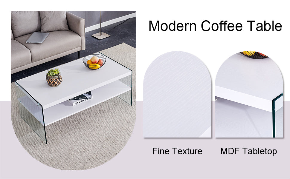 Double Rectangular Coffee Table. The Board Surface Is Mdf, With White Stickers, And Both Sides Are Transparent Tempered Glass. Suitable For Living Room, Bedroom And Other Occasions. White Mdf Glass