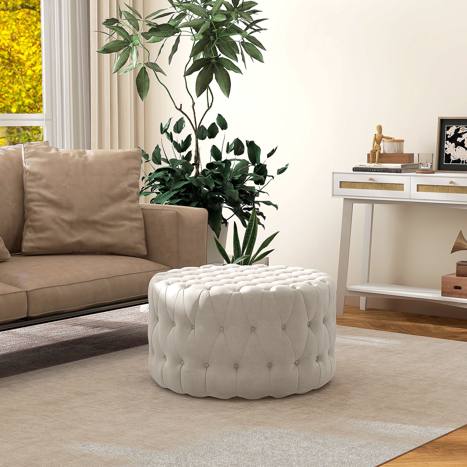 Homcom 31.5" Round Ottoman, Large Velvet Feel Upholstered Foot Stool With Button Tufted Design And Padded Seat For Living Room, Entryway, Beige Beige Polyester