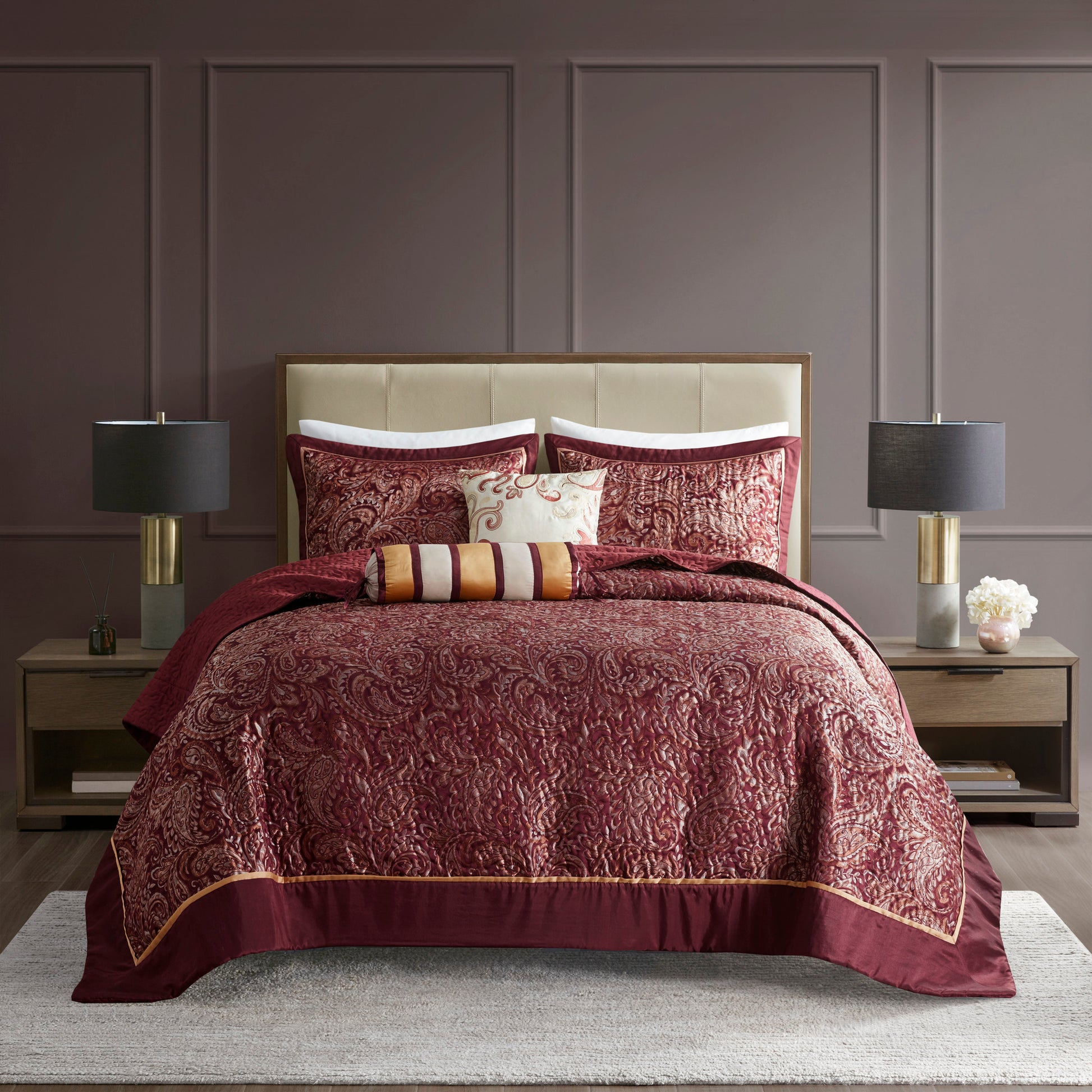 5 Piece Jacquard Bedspread Set With Throw Pillows Burdy Queen Queen Burgundy Cotton