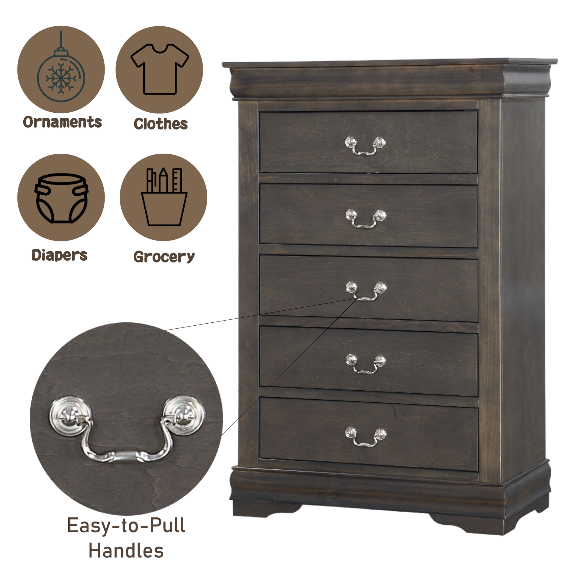 Dark Grey 5 Drawer Chest With Metal Handles Dark Grey Bedroom Particle Board Mdf