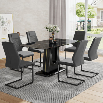 Table And Chair Set, Minimalist Dining Table, Imitation Marble Patterned Glass Tabletop, Mdf Legs With U Shaped Brackets. Paired With Comfortable Chairs, Suitable For Dining And Living Rooms. Black Mdf Glass