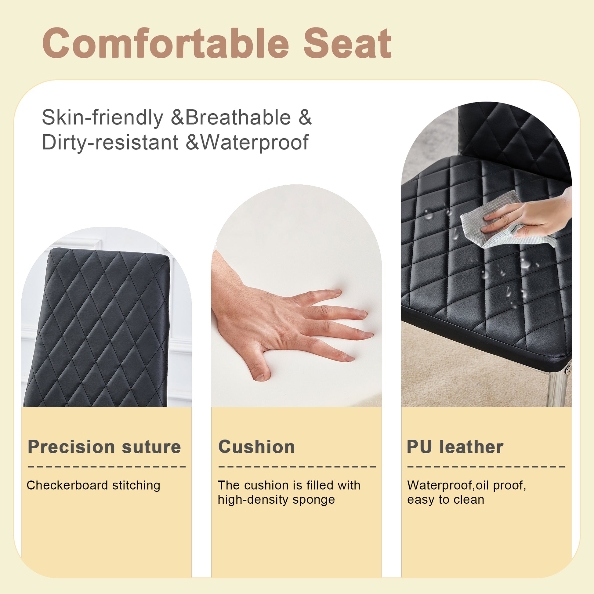 Table And Chair Set.Large Modern Rectangular Table With Brown Glass Top And Silver Metal Legs. Paired With 6 Black Chairs With Checkered Armless High Back Pu Cushion And Silver Metal Legs. Black,Silver Seats 6 Glass Metal