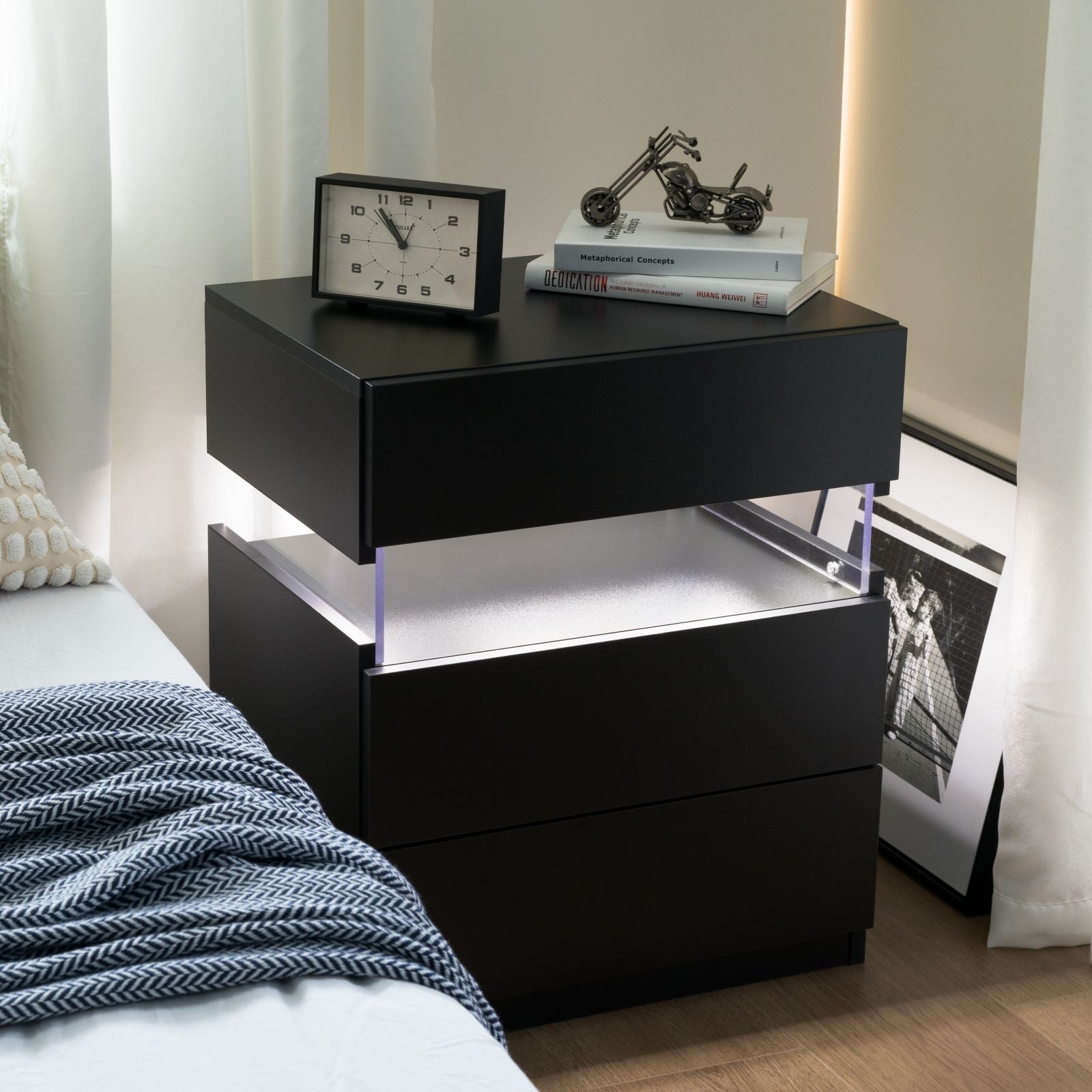 Led Nightstands 3 Drawer Dresser For Bedroom End Table With Acrylic Board Led Bedside Tables For Bedroom Living Room Bedside Furniture Black Black 3 Drawers Bedroom Bedside Cabinet American Design,American Traditional,Boho,Classic,Modern Drawers