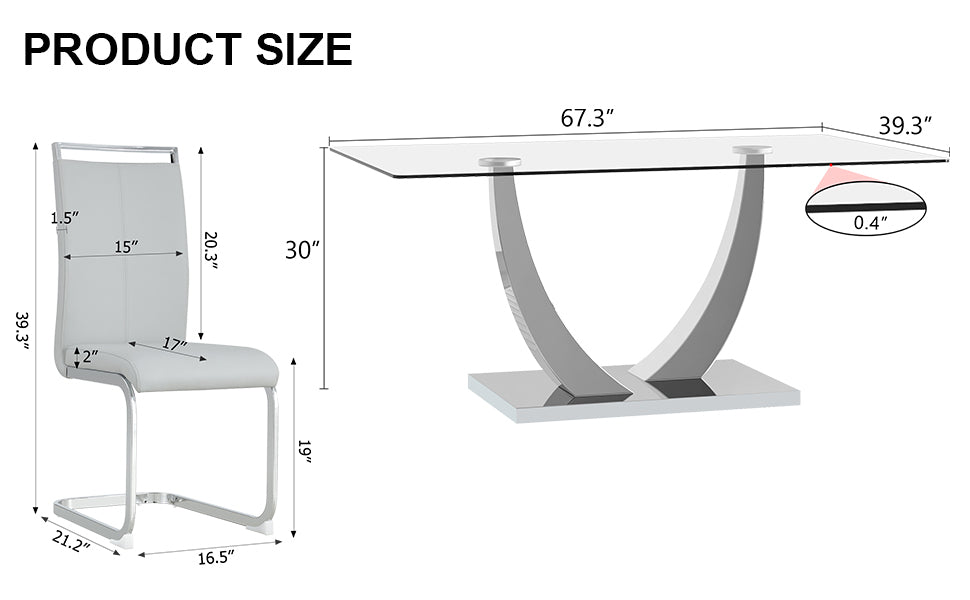 Table And Chair Set. Large Modern Rectangular Table With Glass Top And Silver Metal Legs. Furnished With Soft And Comfortable Pu Chairs With Faux Leather Upholstered Seats And Silver Metal Legs. Gray Silver Seats 6 Glass Metal