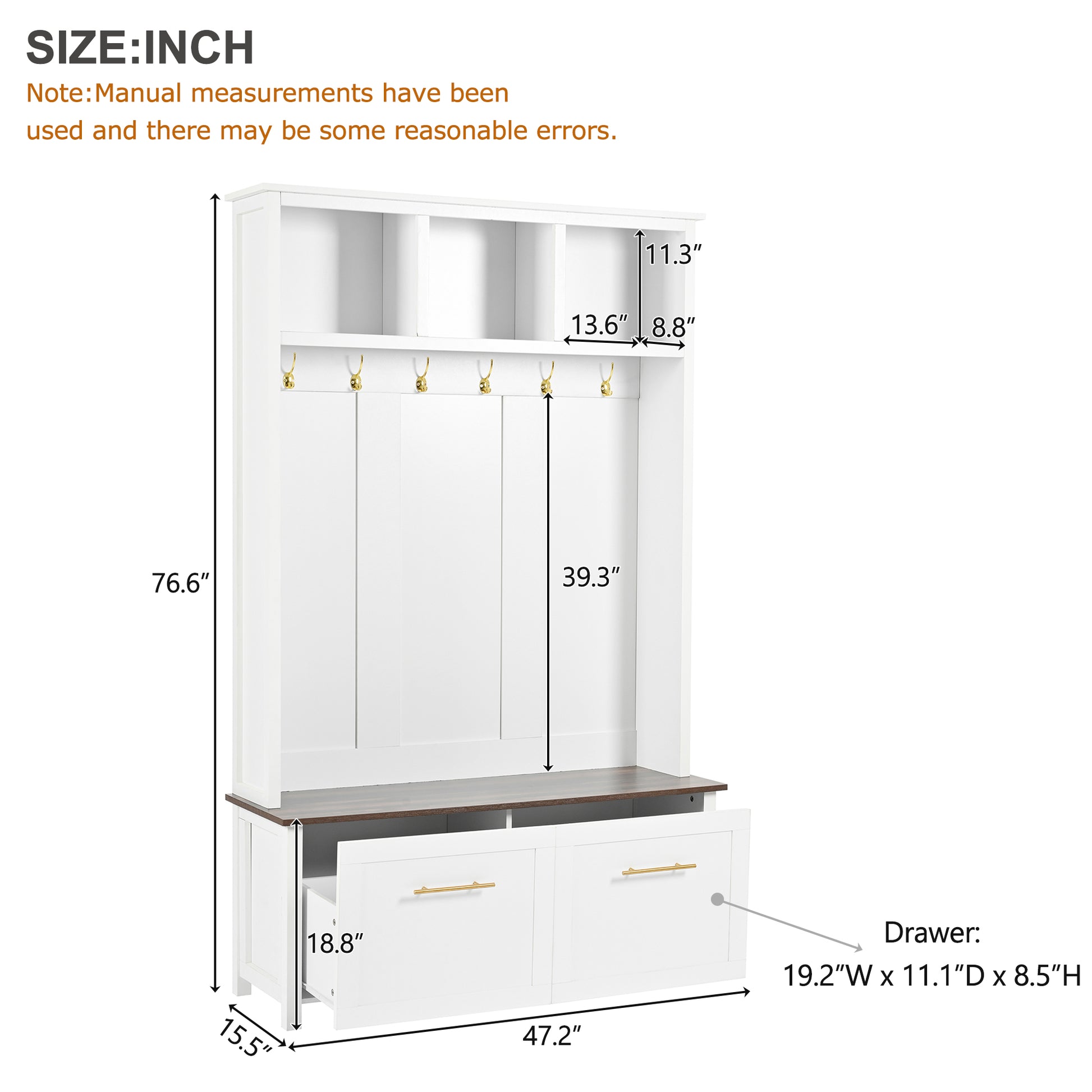 Versatile 4 In 1 Hall Tree With 6 Golden Hooks, Brown Wood Grain Bench With Multiple Storage Space, Entryway Coat Rack With 2 Drawers For Living Room, Hallway, White, 47.2''W*76.6''H White Primary