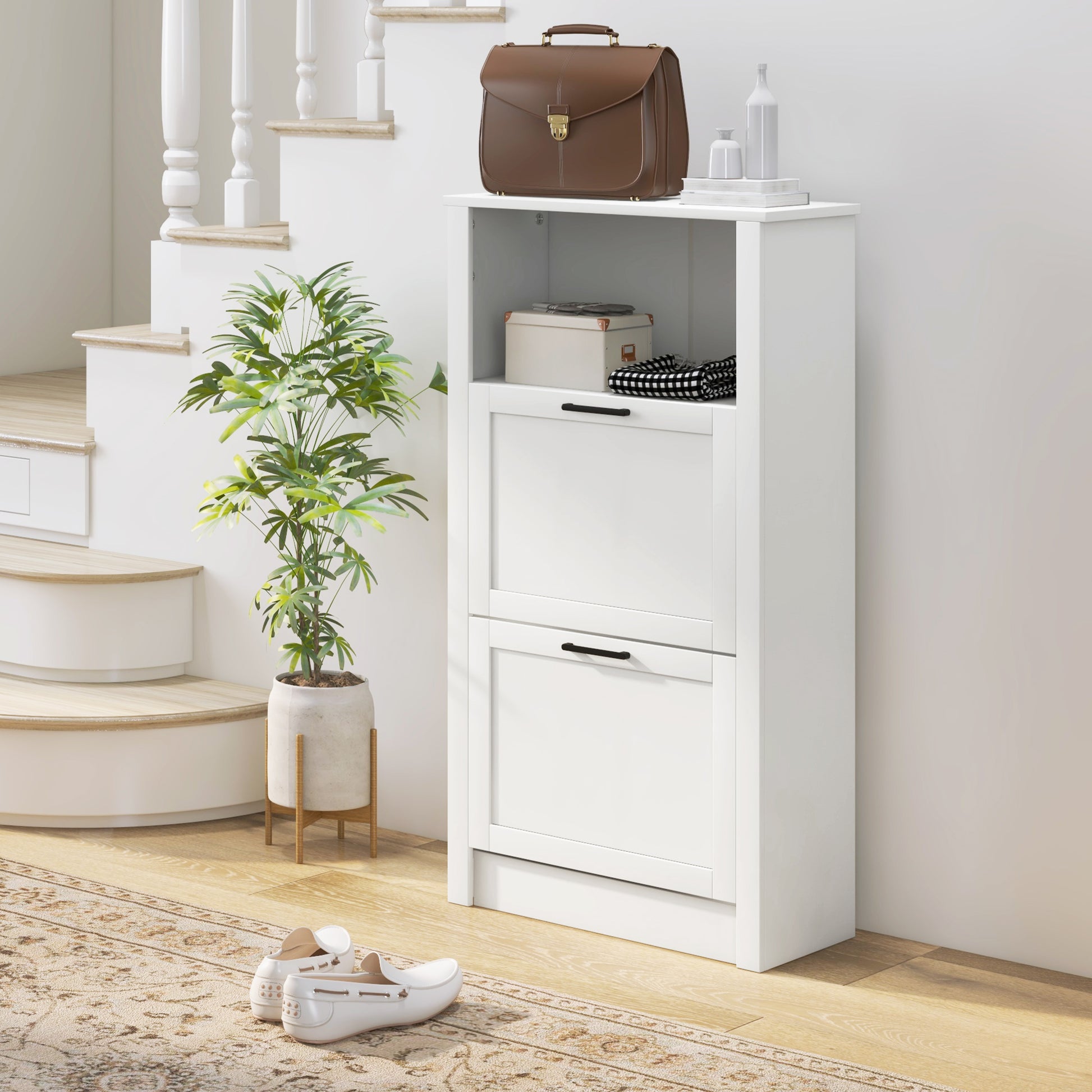 Homcom Shoe Storage Cabinet With Open Compartment And 2 Flip Drawers White Mdf