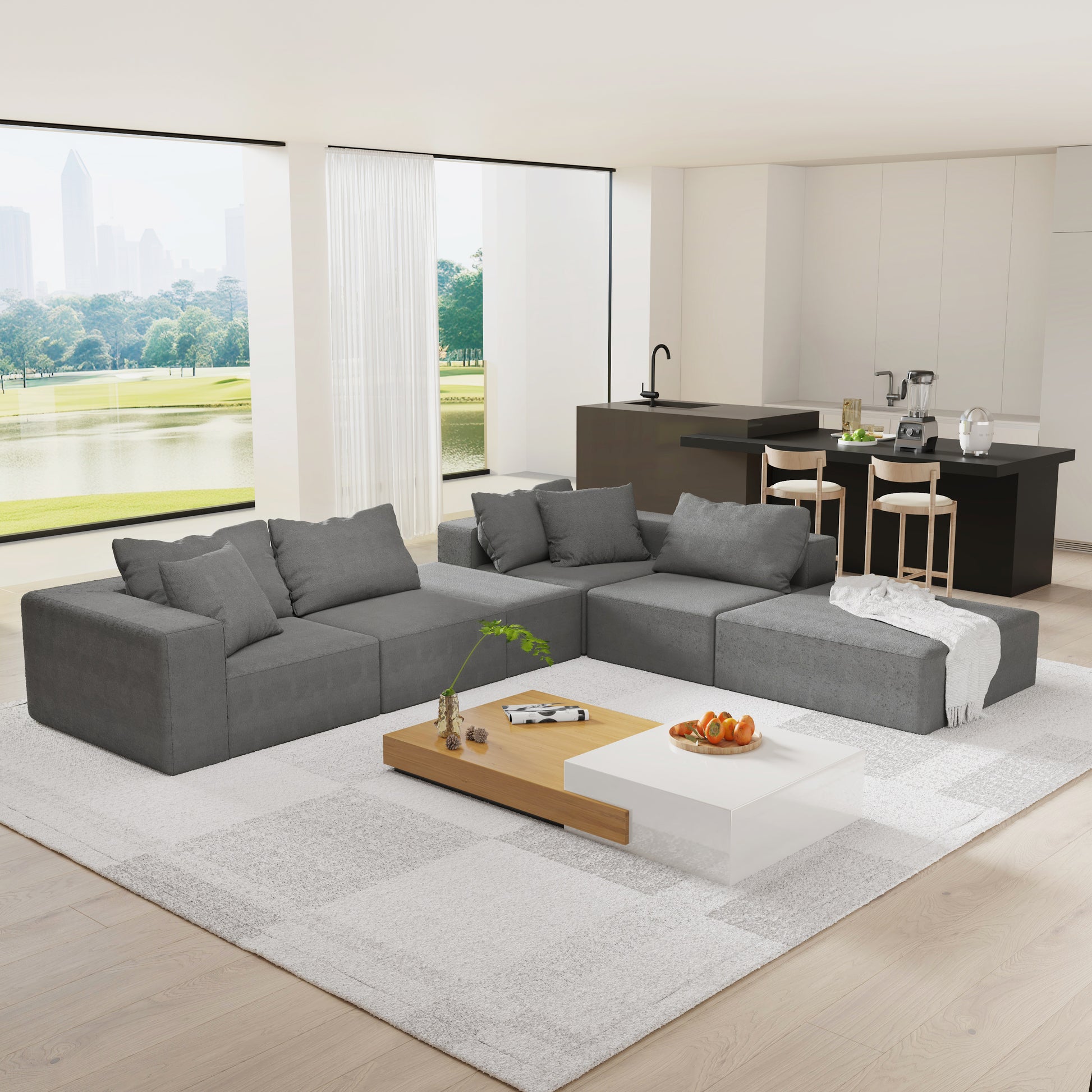 Modern Upholstered Sectional Sofa Couch Set,Modular 132" L Shaped Sectional Living Room Sofa Set With 6 Pillows,Free Combination Sofa Couch For Living Room,Bedroom Grey Foam Chenille 6 Seat