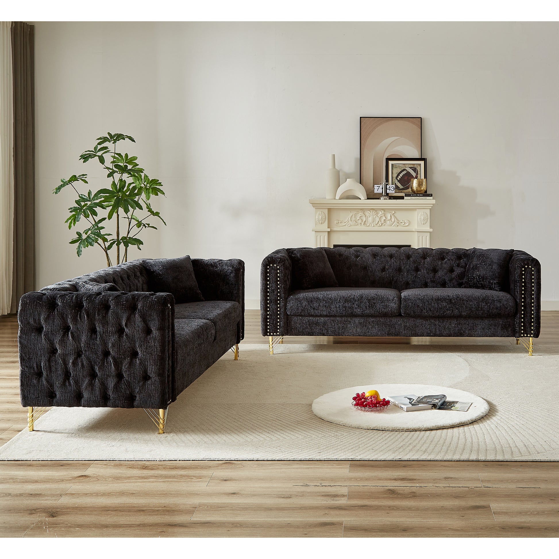 Chenille Pull Buckle Design Sofa For Living Room,Buttons Tufted With Copper Nail Decoration Armrest, Modern Couch Upholstered Button And Metal Legs Black Foam Chenille 6 Seat