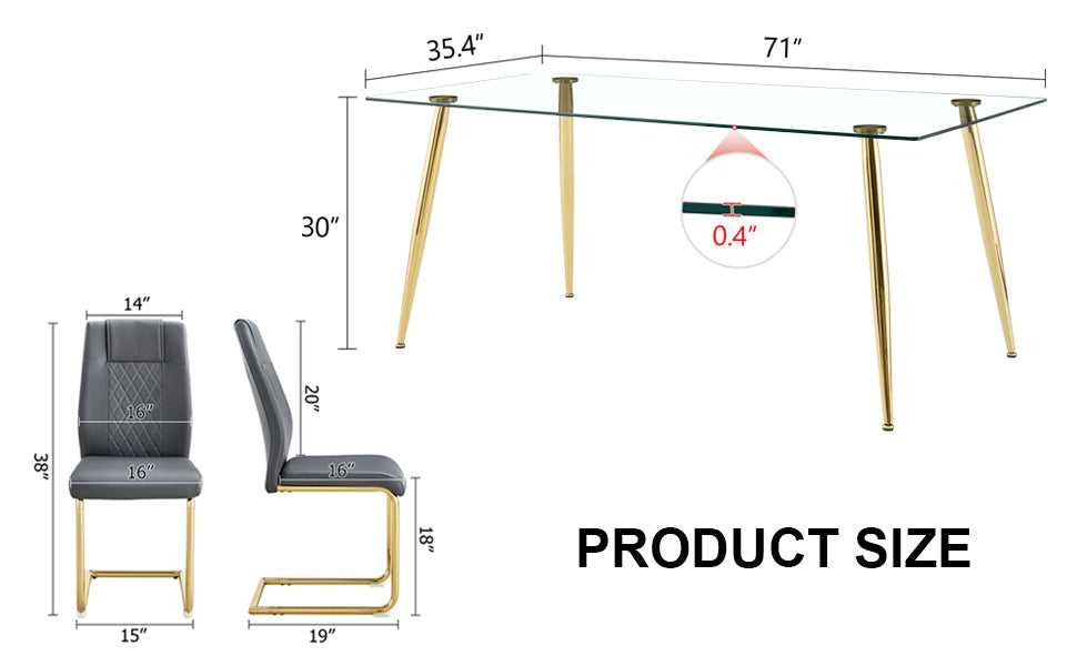 Table And Chair Set.Modern Rectangular Glass Dining Table With A Tempered Glass Tabletop And Metal Legs, Paired With Multiple Chairs Designed With Pu Cushions And Golden Metal Legs. Grey Gold Seats 6 Tempered Glass