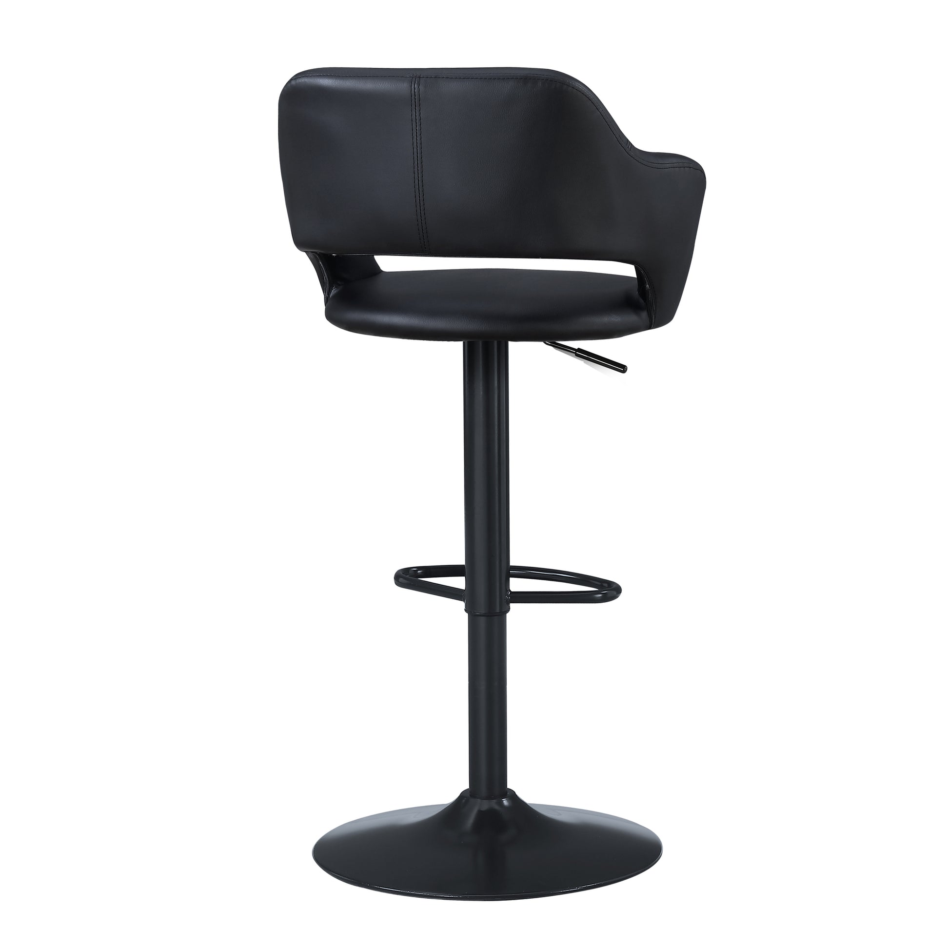 Bar Stool, Swivel, Bar Height, Adjustable, Black Metal, Leather Look, Contemporary, Modern Black Foam Faux Leather