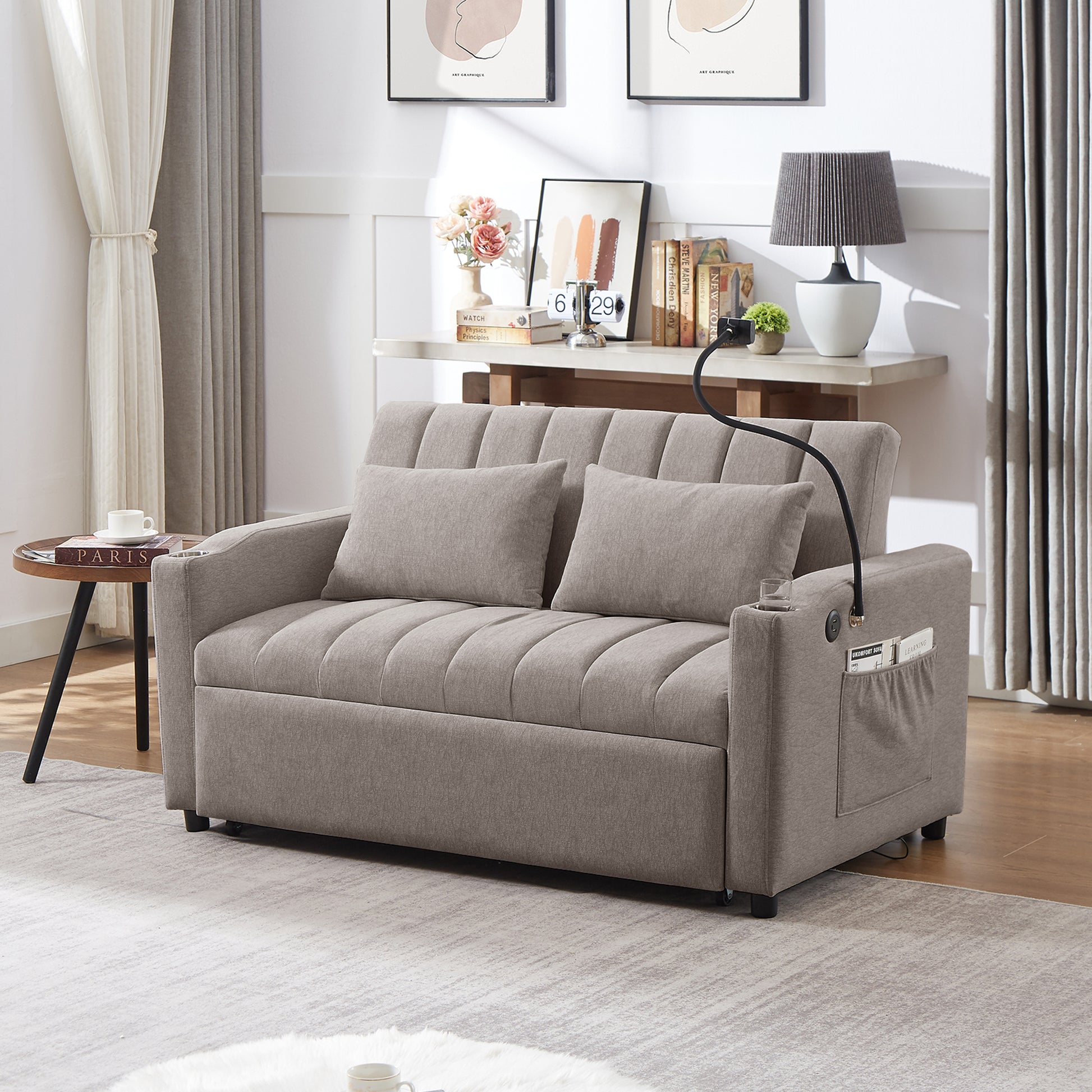 55.9" Convertible Sofa Bed Loveseat Sofa With Three Usb Ports, Two Side Pockets, Two Cup Holders And 360 Swivel Phone Holder For Living Room, Light Grey Light Grey Foam Polyester