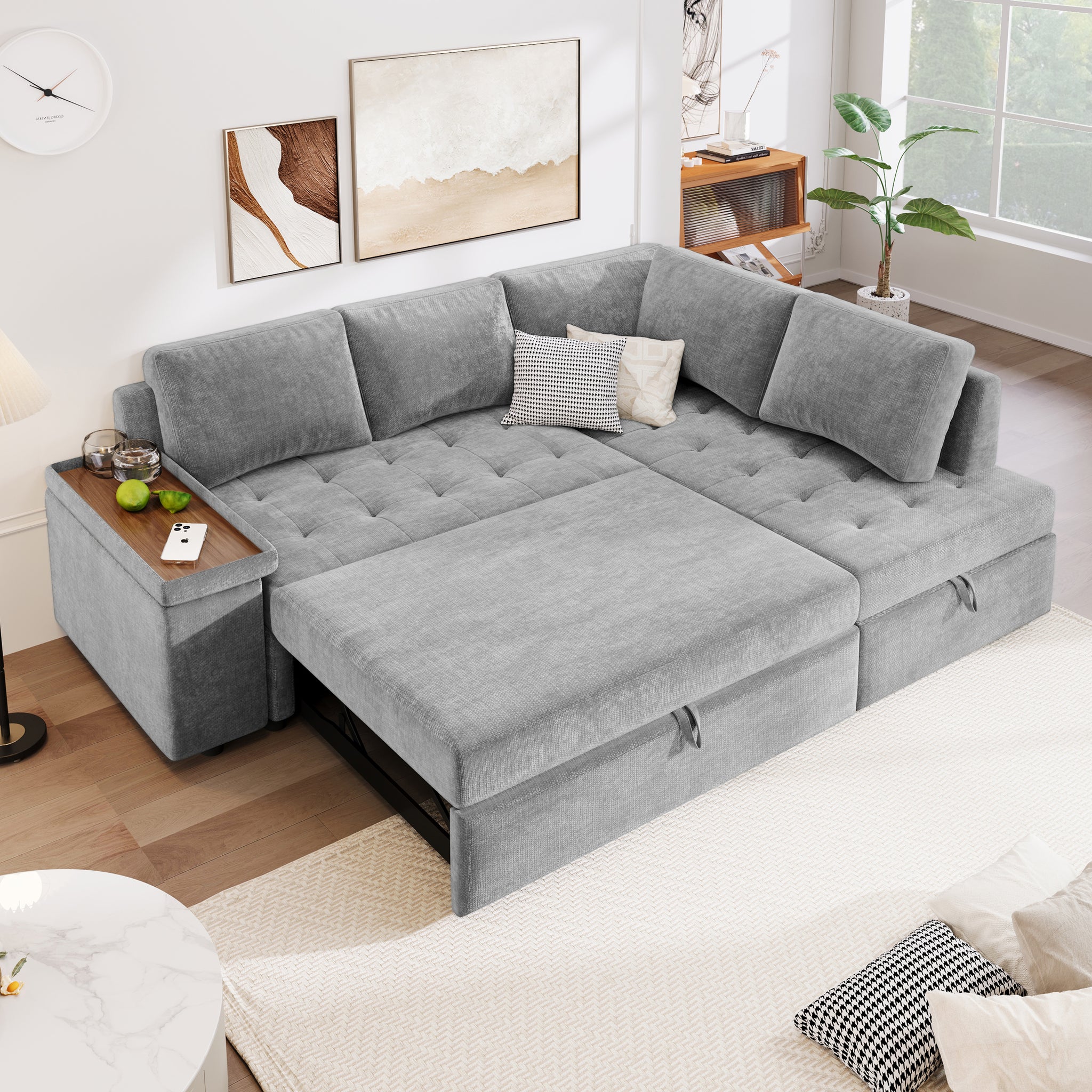 Mirod 91.5 Inch L Shaped Couch With Pull Out Bed And Storage Sectional Sleeper Sofa With Hidden Storagewide Armrest With Storage,For Living Room, Apartment, Bedroom, Office Light Grey Polyester 3