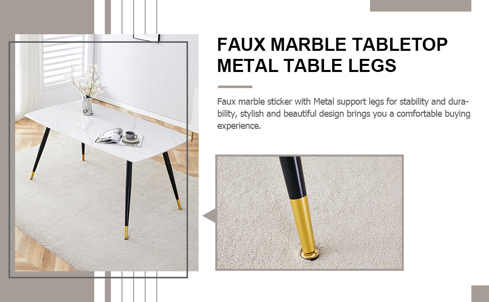 Modern Minimalist Dining Table. White Imitation Marble Pattern Sintered Stone Desktop With Black Metal Legs.Modern Dining Chair With Pu Artificial Leather Backrest Cushion And Black Metal Legs.F 001 Black Gold Sintered Stone