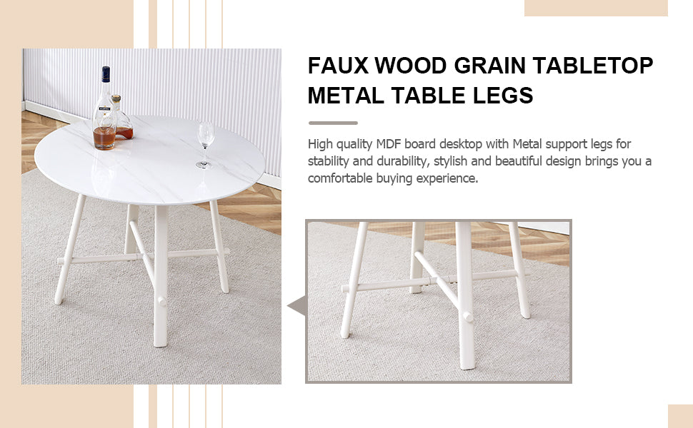 A Modern Minimalist Circular Dining Table With A 42 Inch Diameter White Patterned Tabletop And White Metal Legs. Suitable For Restaurants, Living Rooms, And Conference Rooms. White Mdf Metal