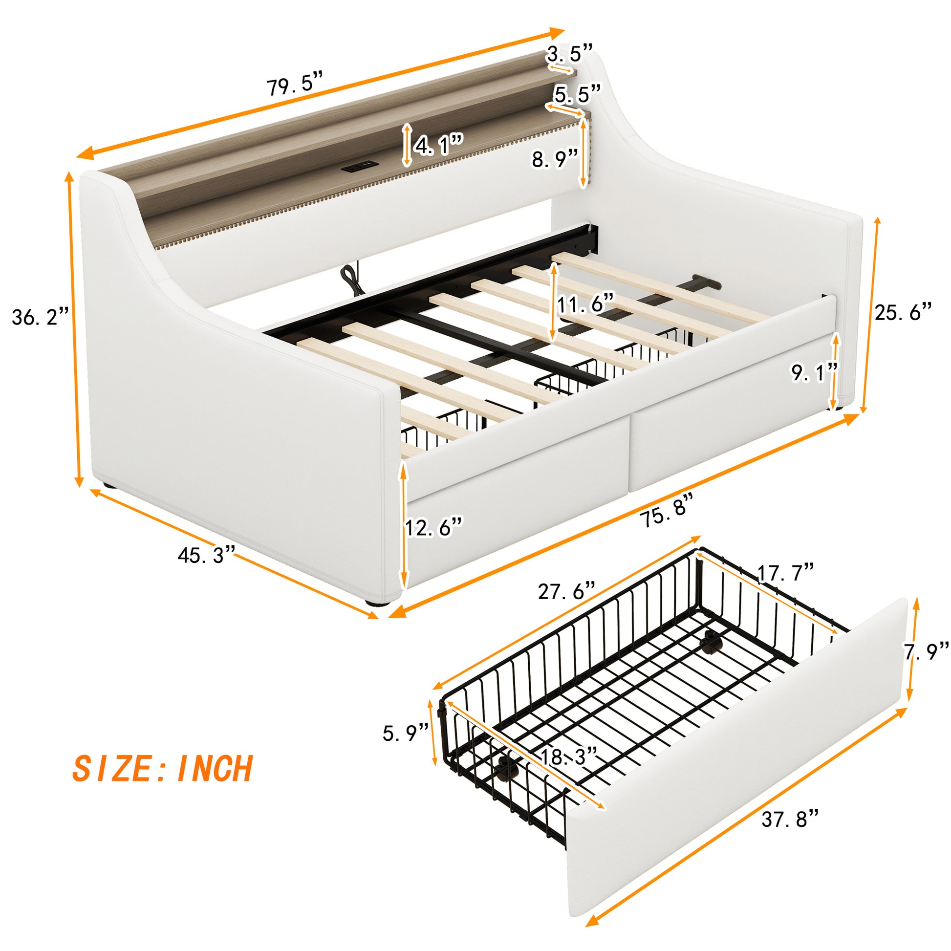 Twin Size Daybed With Drawers, Upholstered Daybed With Charging Station And Led Lights, White Old Item W1580S00021 Twin White Pu Leather