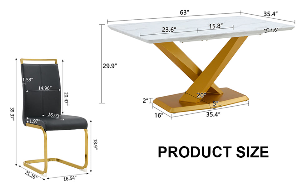Table And Chair Set, The Table Is Equipped With A Marble Patterned Mdf Tabletop And Gold Table Legs.The Chair Is Equipped With Pu Synthetic Leather High Back Cushion And Gold Coated Metal Legs. Gold Black Seats 4 Mdf Metal