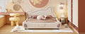 Queen Size Velvet Platform Bed With Bear Shaped Headboard, With Bed End Storage Pocket, Beige Queen Beige Plywood