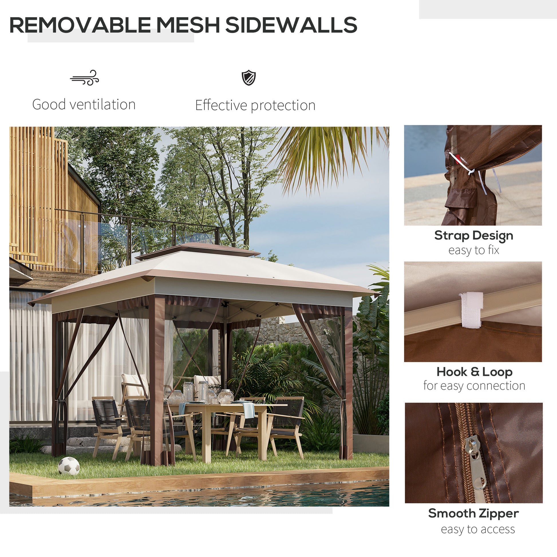 Outsunny 12' X 12' Pop Up Canopy Tent With Netting And Carry Bag, Instant Sun Shelter With 137 Sq.Ft Shade, Tents For Parties, Height Adjustable, For Outdoor, Garden, Patio, Beige And Brown Multicolor Steel