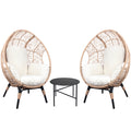3 Pieces Patio Egg Chairs Model 3 With Side Table Set,Natural Color Pe Rattan And Beige Cushion Yes Natural Foam Steel