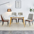 Table And Chair Set.A Morden Table With White Imitation Marble Patterned Stone Burning Tabletop With Golden Metal Legs.Paried With 4 Chairs With Pu Leather Backrest And Black Metal Legs. Grey Brown,White Gold Seats 4 Metal,Sintered Stone