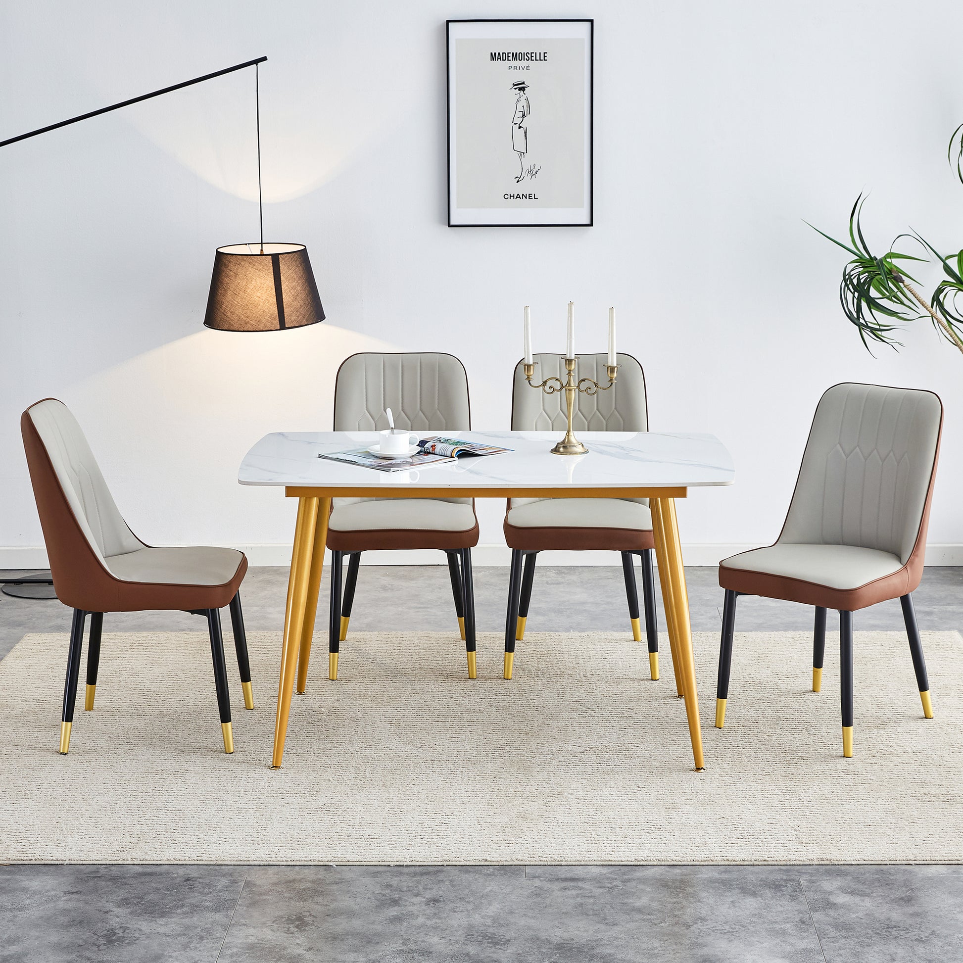 Table And Chair Set.A Morden Table With White Imitation Marble Patterned Stone Burning Tabletop With Golden Metal Legs.Paried With 4 Chairs With Pu Leather Backrest And Black Metal Legs. Grey Brown,White Gold Seats 4 Metal,Sintered Stone