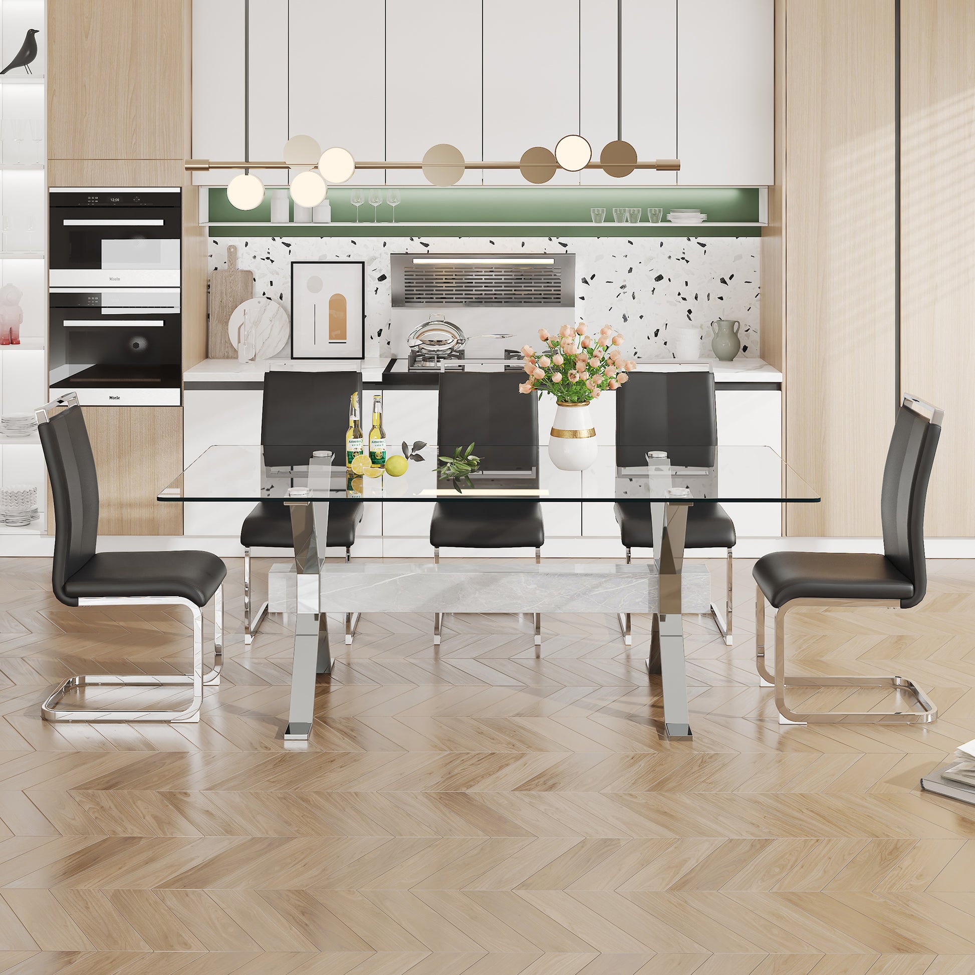 Dining Table. Modern Tempered Glass Dining Table. Large Modern Office Desk With Silver Plated Metal Legs And Mdf Crossbars, Suitable For Both Home And Office Use. Kitchen. 71 ''X35.4''X30 '' 1105 Transparent Glass