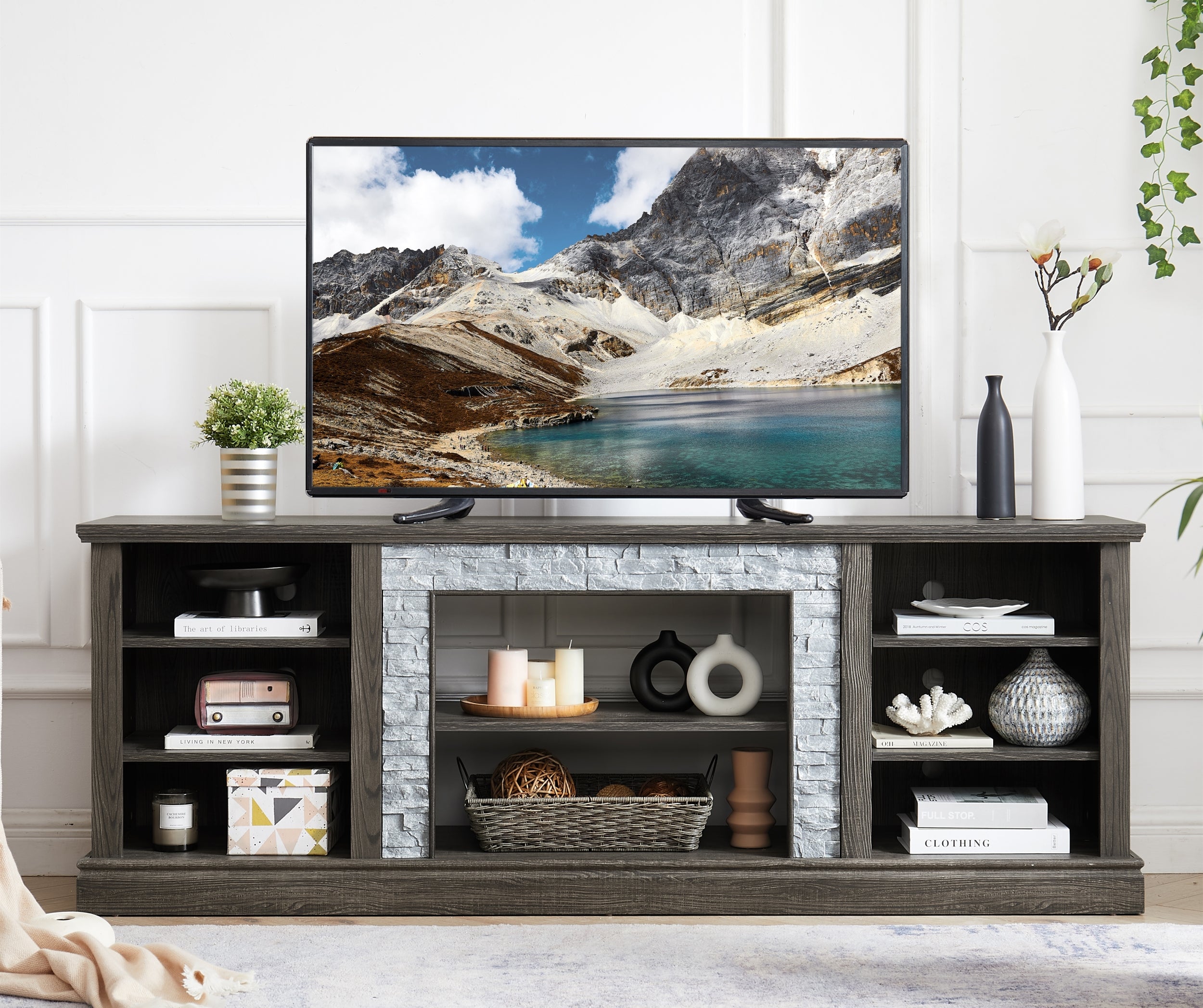 Large Tv Stand Tv Desk Storage Rack With Faux Stacked Stone Surround,M