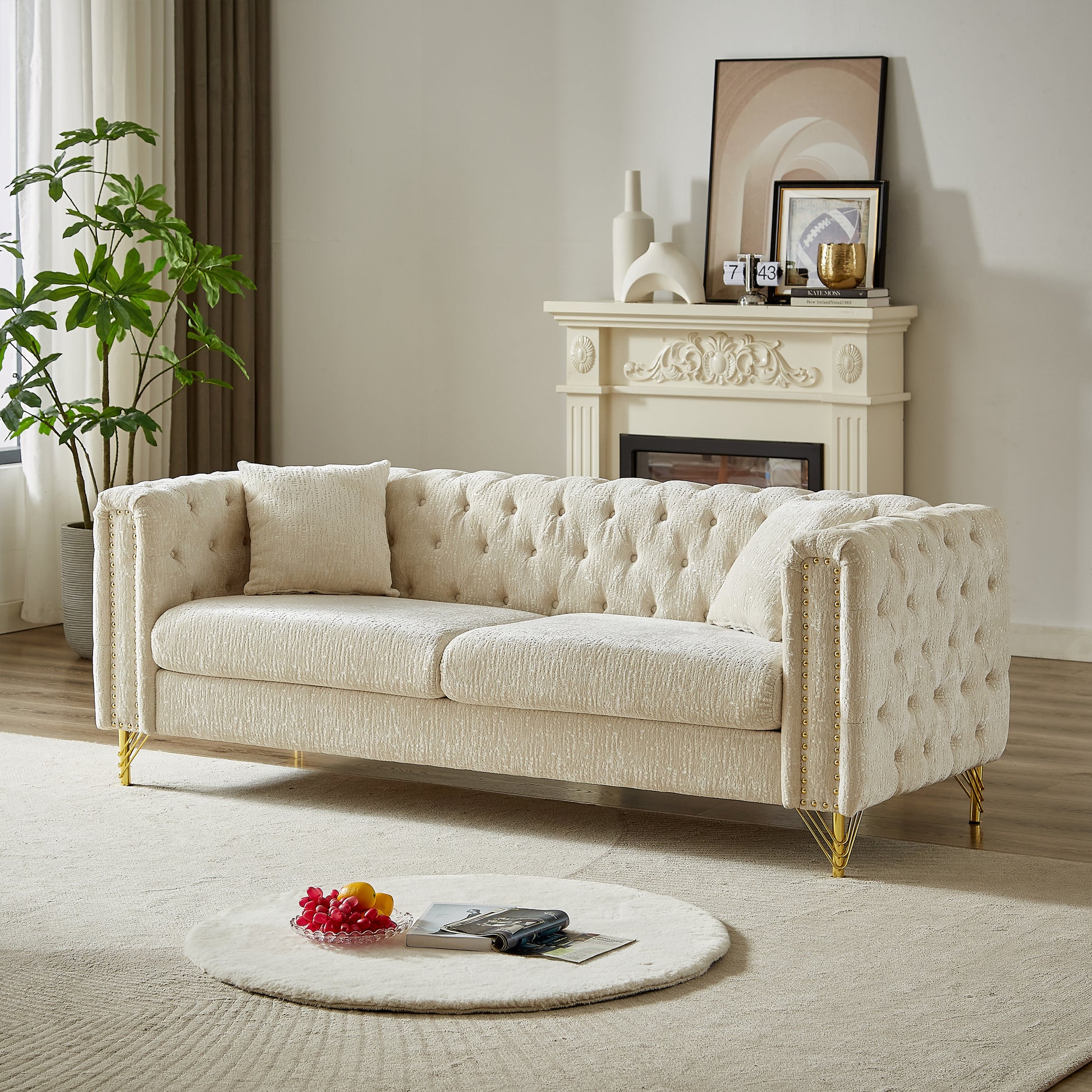 82 Inch Chenille Pull Buckle Design Sofa For Living Room,Buttons Tufted With Copper Nail Decoration Armrest, Modern Couch Upholstered Button And Metal Legs Beige Foam Chenille 3 Seat