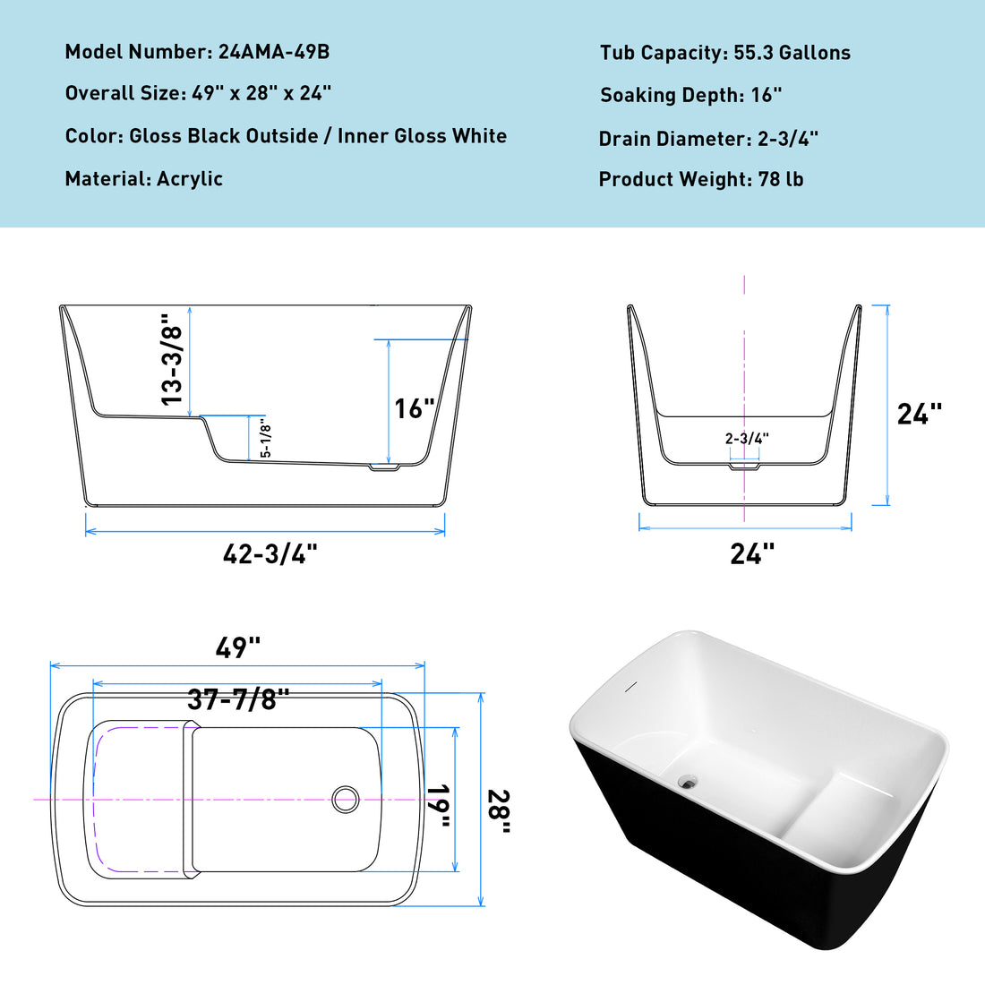 49'' X 28'' Acrylic Freestanding Soaking Bathtub