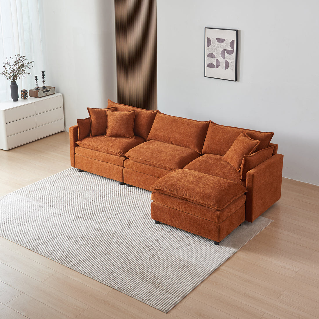 Modular L Shaped Sectional Sofa With Ottoman, Chenille Fabric Sofa Couch, Comfy Upholstered Furniture For Living Room, Apartment, Studio, Office Orange Wood Medium Soft Foam Chenille 4 Seat