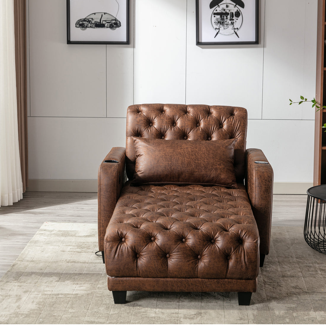 Coolmore Multifunctional Living Room Leisure Chaise Lounge Barry Tufted Comfy Armchair Wireless Charging, Smooth Reclining Backrest & Lumbar Pillow For Home Apartment Brown Linen Brown Foam Linen