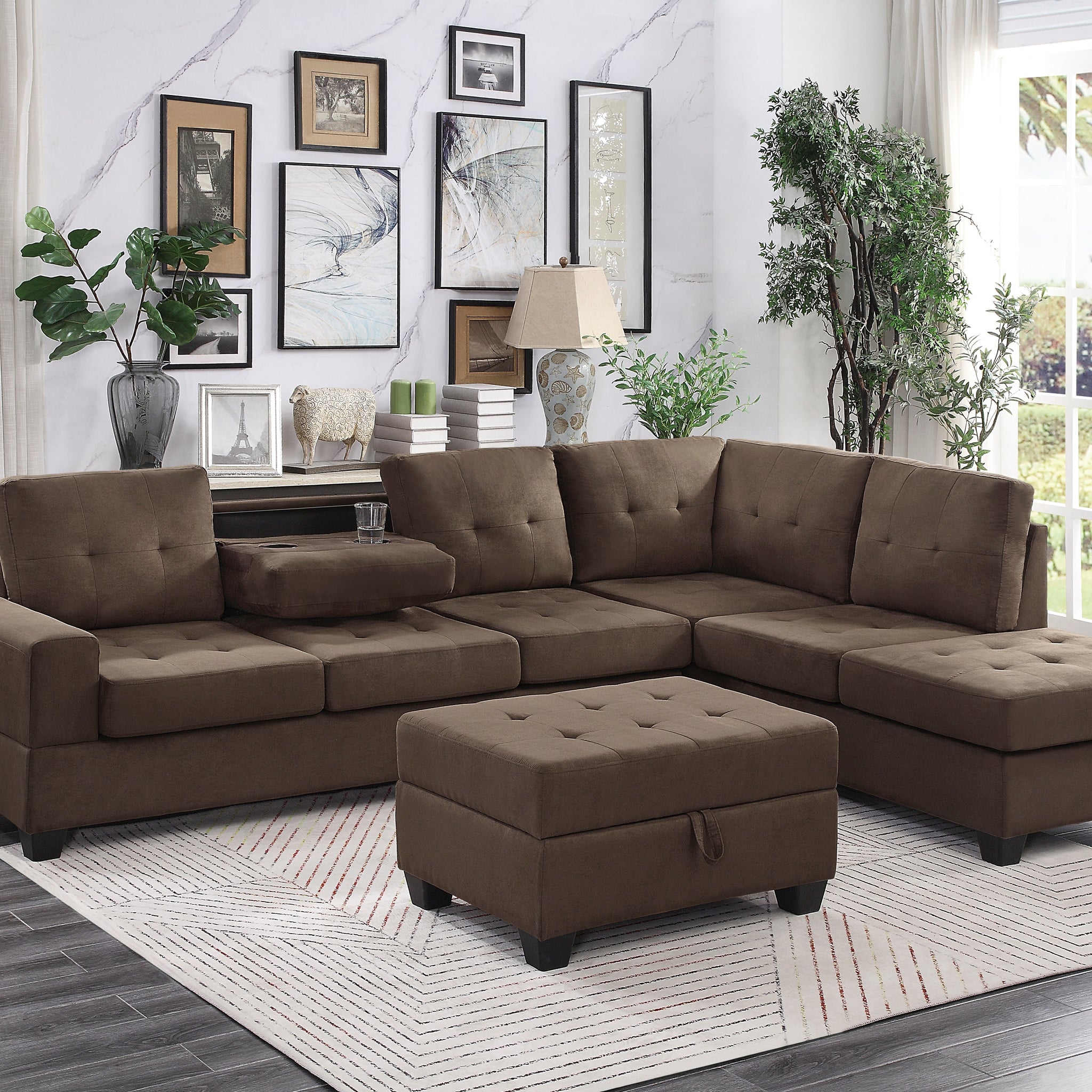 Modern Living Room 3 Piece Sectional Reversible Sofa Chaise Storage Ottoman Tufted Detail Brown Microfiber Upholstered Drop Down Cup Holder Solid Wood Frame Furniture Chocolate Microfiber Wood Primary Living Space Modern L Shaped Solid Wood 4 Seat