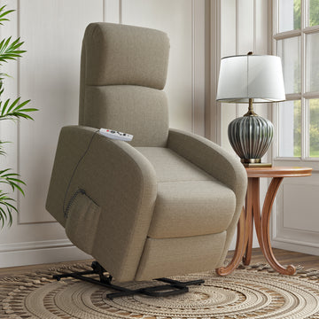 The Sandy Recliner Chair Tan Polyester Power Remote Wood Soft Cushion Back Push Button Fiber Foam Pads Polyester