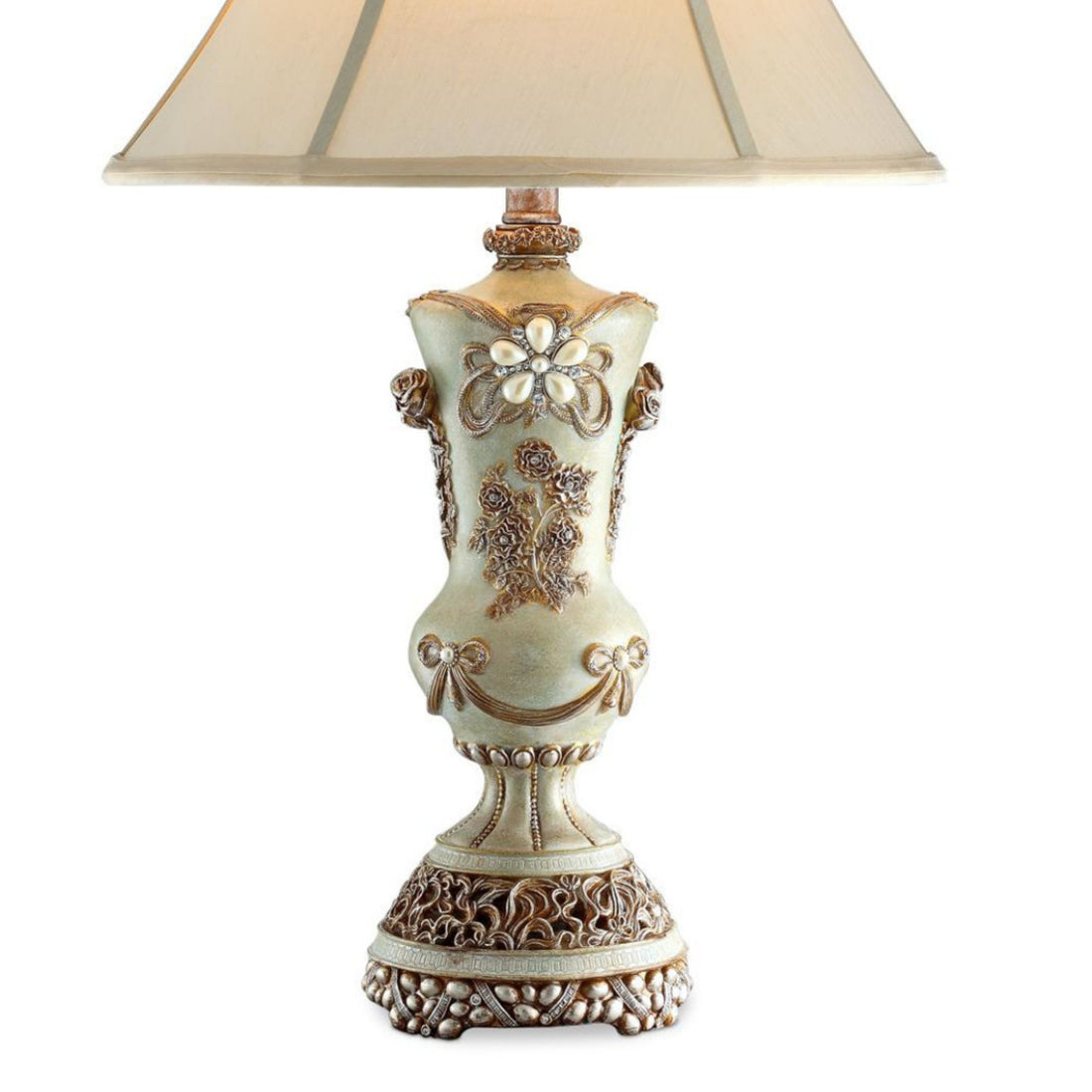 28.5" Tall Polyresin Table Lamp W Silver Finish And Bronze Vintage Rose Accents Silver Metal