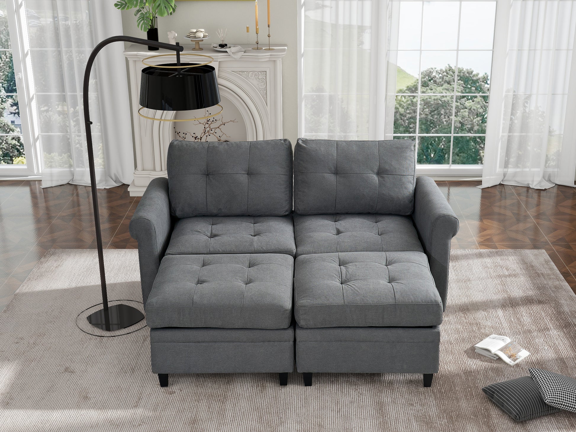 U Shaped Sectional Couch Convertible Sectional Couch With Double Chaise 6 Seat Sectional Sofa For Living Room Grey Fabric 6 Seat