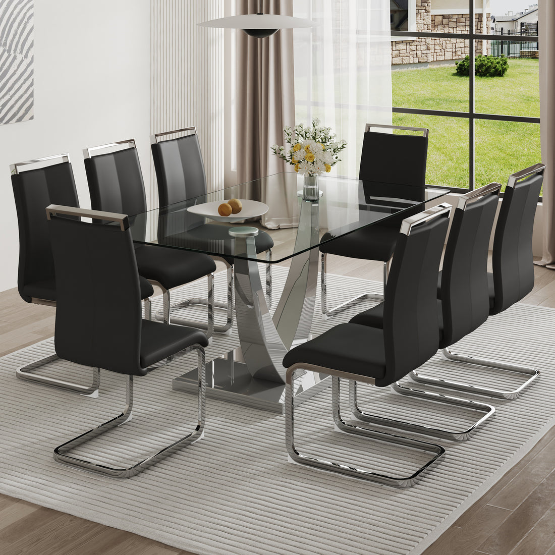 Table And Chair Set. Large Modern Rectangular Table With Glass Top And Silver Metal Legs. Furnished With Soft And Comfortable Pu Chairs With Faux Leather Upholstered Seats And Silver Metal Legs. Black Silver Seats 8 Glass Metal