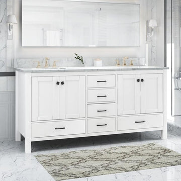 73'' Bathroom Vanity With Marble Top & Double Ceramic Sinks, 4 Doors, 6 Drawers, White White Plywood