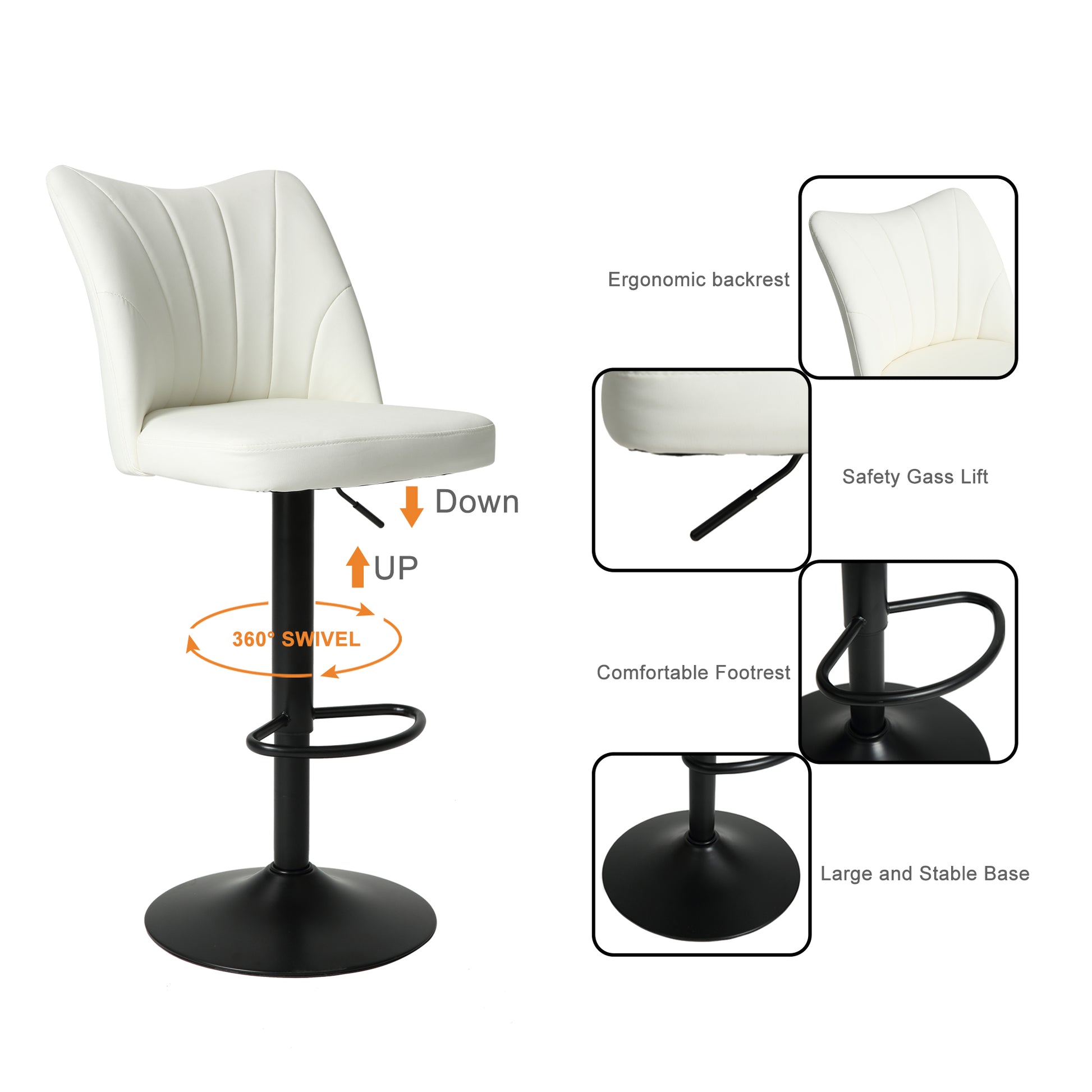 Swivel Bar Stools Set Of 2,Height Adjustable Counter Stool,Modern Armless Faux Leather Barstool Chairs With Backs For Kitchen Island White Leather