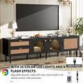 Rattan Tv Stand With 3 Cabinets & 2 Drawers, Rattan Inspired Media Console Table For Tvs Up To 80'', Led Light Entertainment Center, Tv Cabinet For Living Room, Bedroom, Home Theatre Black Primary